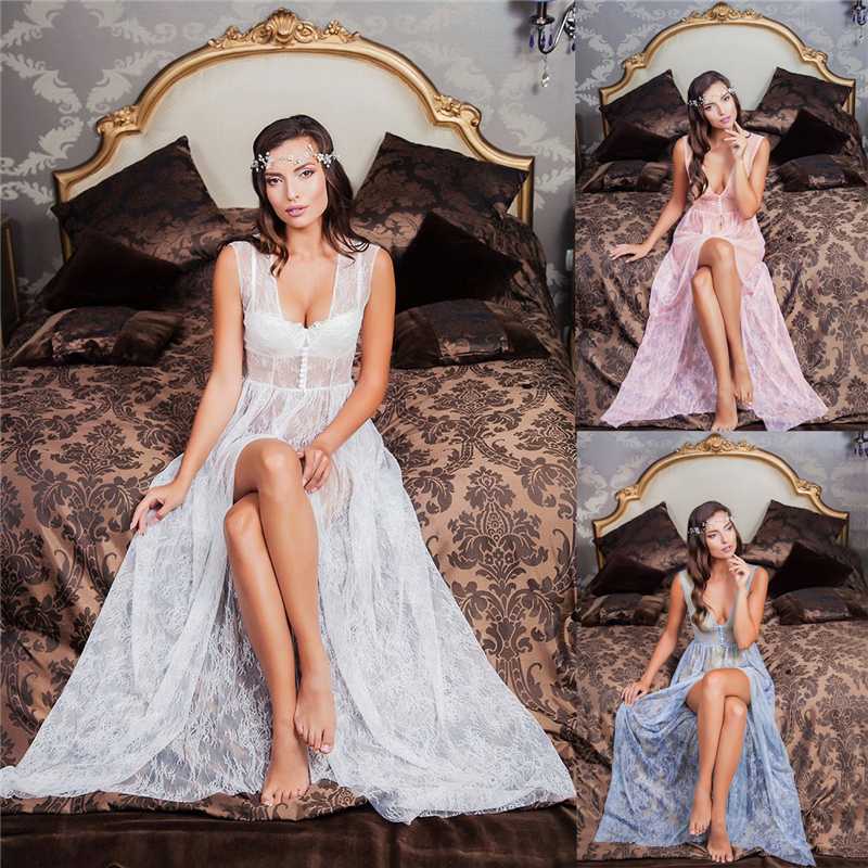

2020 4 Colors Women' Lingerie Long Dress Women' Lace Hollow Sexy Babydoll Sleepwear Dress
