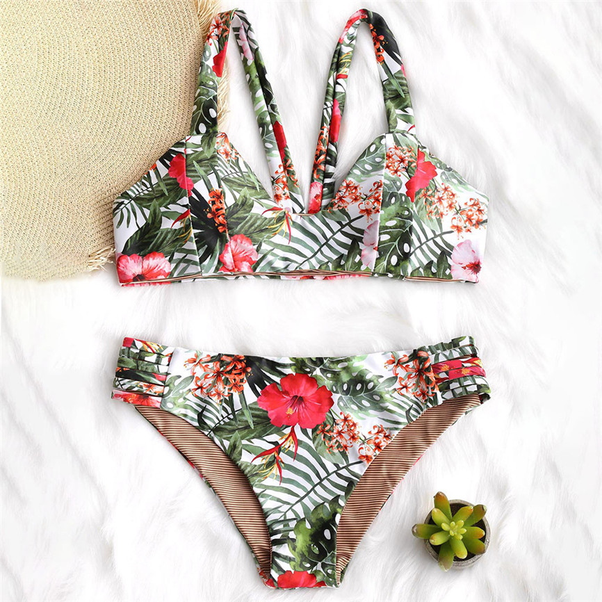 

2019 Women Swimwear Sexy New Fashion Hot Casual Women Solid Print Push-Up Padded Beach Set Beachwear Swimwear#40, As pic