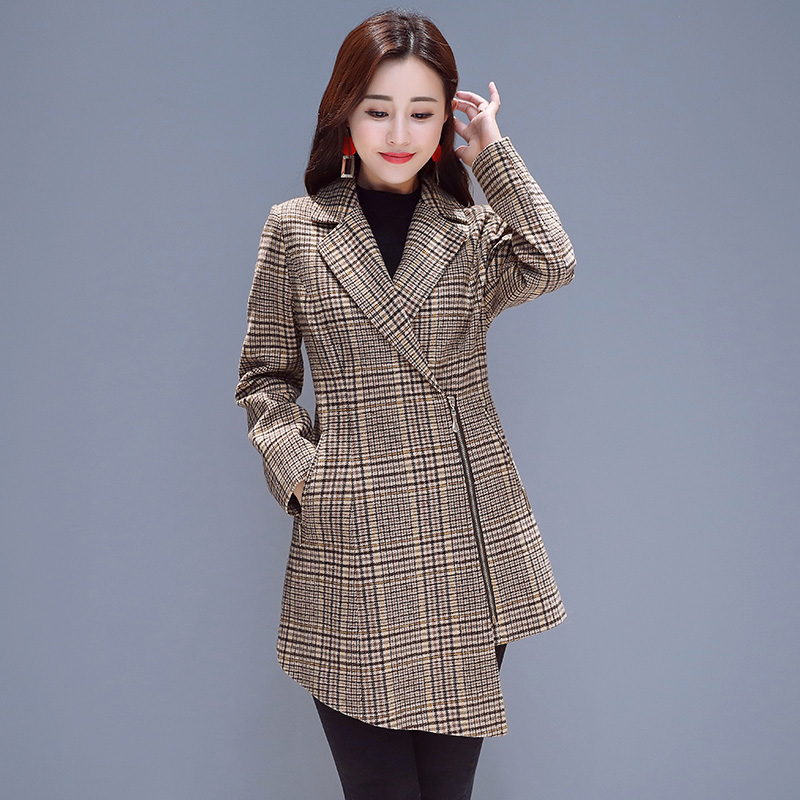 

Coat Woman Plaid Woolen Turn Down Collar Zipper Long Sleeve Ladies Coats 2019 Winter Slim Wool Fashion Temperament Coat Woman, Gray