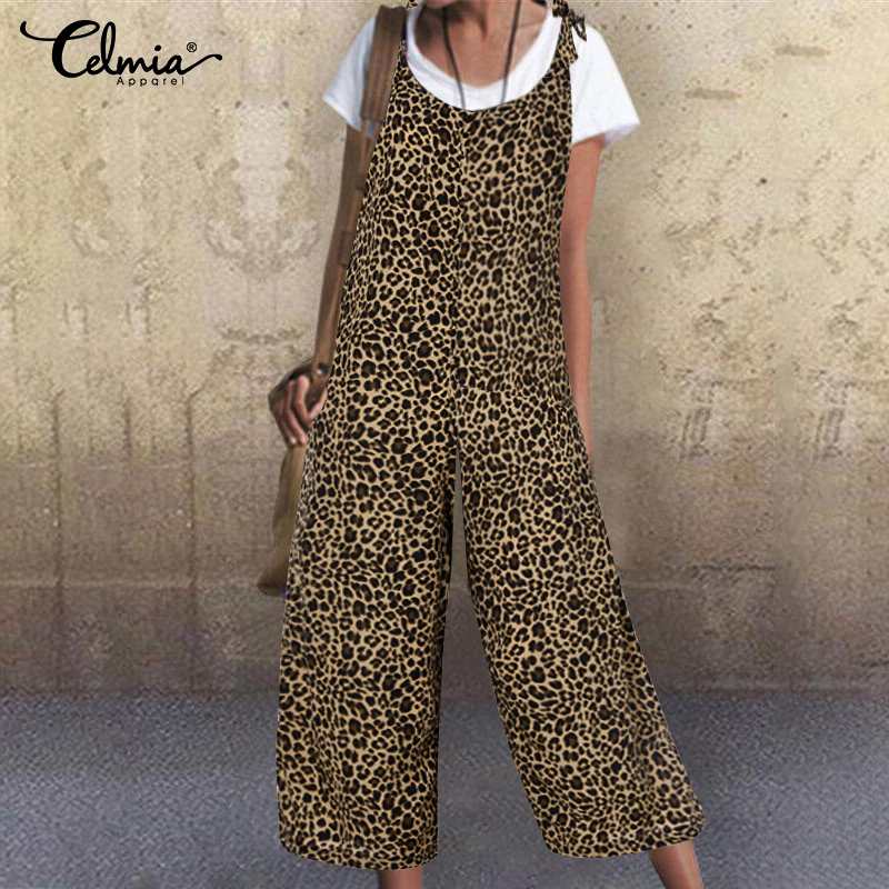 

New Summer Leopard Printed Long Rompers Celmia Women Vintage Straps Sleeveless Jumpsuits Overalls Loose Casual Harem Pants -5XL, Gray
