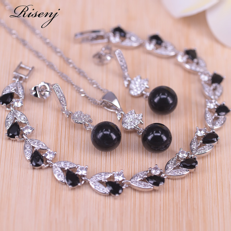 

Earrings & Necklace Black Pearl Silver Color Jewelry Set For Women Stud Earring Bracelet With Pendant Romantic Present In Store, As pic