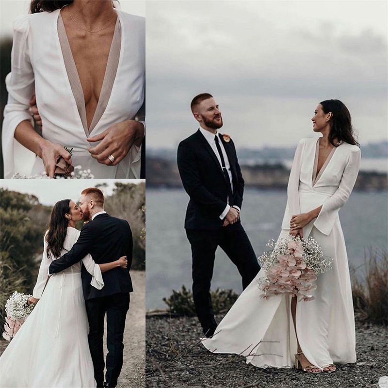 Cheap Simple A Line Wedding Dress Sexy High V-neck Long Sleeves Bridal Dress Ruched Chiffon Sweep Train Boho Vestidos De Novia Hot Sale