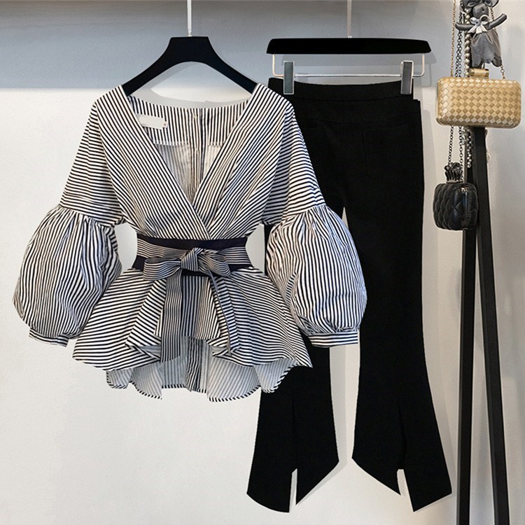 

2019 Puff Sleeve Blouse/Flare Pants Two Piece Suits Lady Spring Bow V-Neck Slim Sets White/Striped Sashes Thin Suits