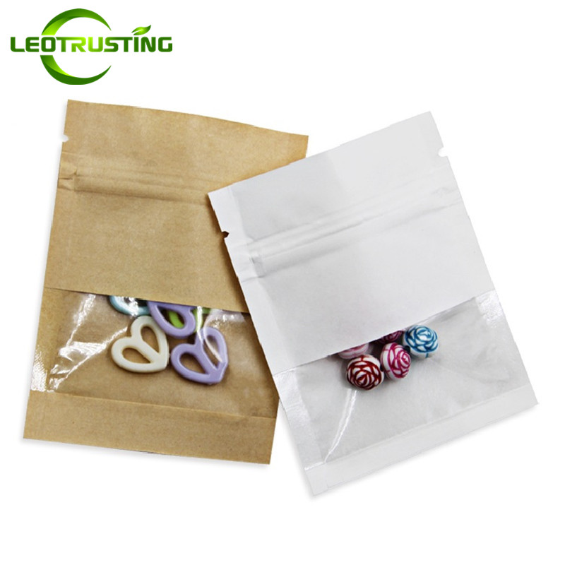 

Leotrusting 100pcs/lot Flat Bottom Kraft Paper Window Ziplock Bag Resealable Heat Sealing Zipper Pouch Small Paper Window Bag Custom Support