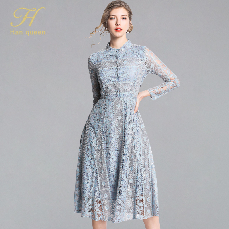 

H Han Queen New Arrival 2019 Spring Lace Dress Fashion Vintage Floral Hollow Out Luxury Elegant Slim Women Evening Party Dresses Y200102, Red