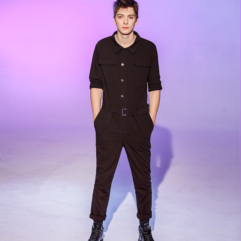 

Men's jumpsuit suit men's work suit jumpsuit hip little leg pants, Black