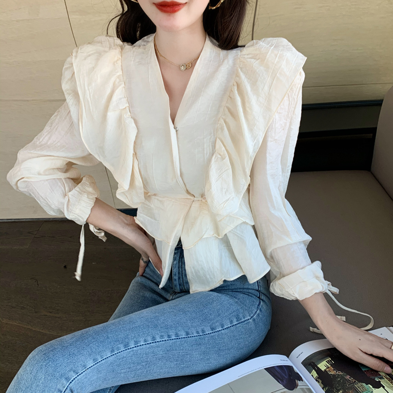 

2020 New Spring Women Ruffles V Neck Pleated Chiffon Blouses Blusas Mujer Vintage Sexy Ins New Fashion Shirts, White