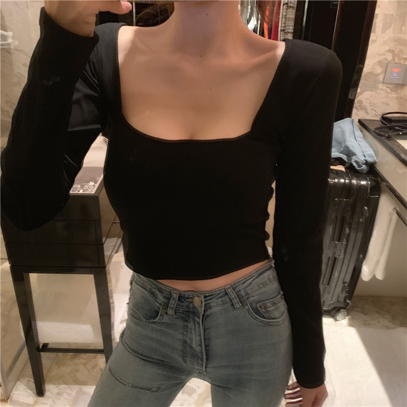 

Women Slim Soft Square Collar Solid Crop Tops Girl Full Sleeve T-Shirts Tees Woman Cropped Slim Tshirt Real Photos Ready Stock, Orange