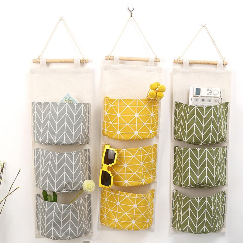 

3 Pockets Simple Cotton Linen Wall Mounted Storage Bag Closet Organizer Clothes Hanging Storage Bag Children Room Home Decor