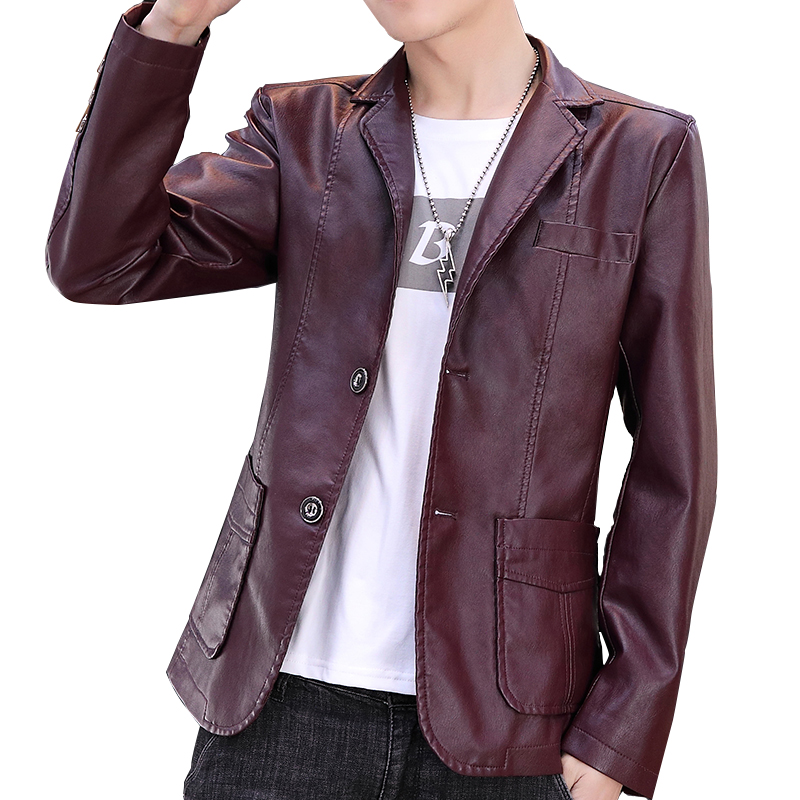 

Men's leather motorcycle jacket jacket 2020 spring slim Korean fashion handsome leather men SL92, Burgundy