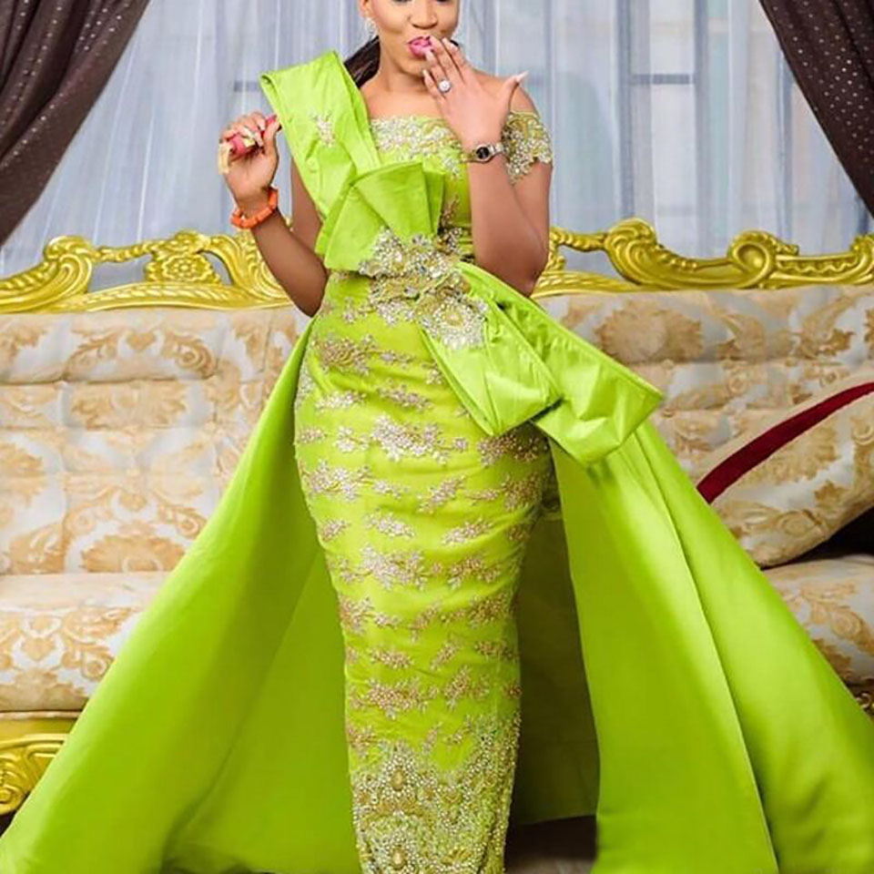 New Light Green Off Shoulder Lace Mermaid Prom Dresses with Satin Tail Beaded Bow Custom Made Evening Dresses Party Gown