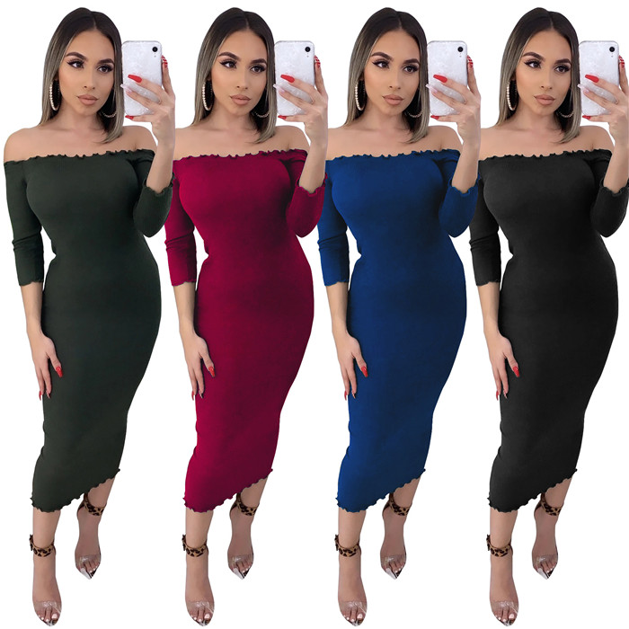 

Womens Slash Neck Slim Dress Long Sleeve Solid Color Knit Dress Famale Sexy Bodycon Dresses, Black;gray