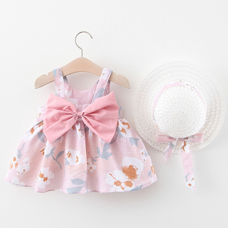 

PatPat 2020 New Summer and Spring Baby Adorable Bowknot Decor Dresses with Hat Set Sleeveless Dresses, Pink