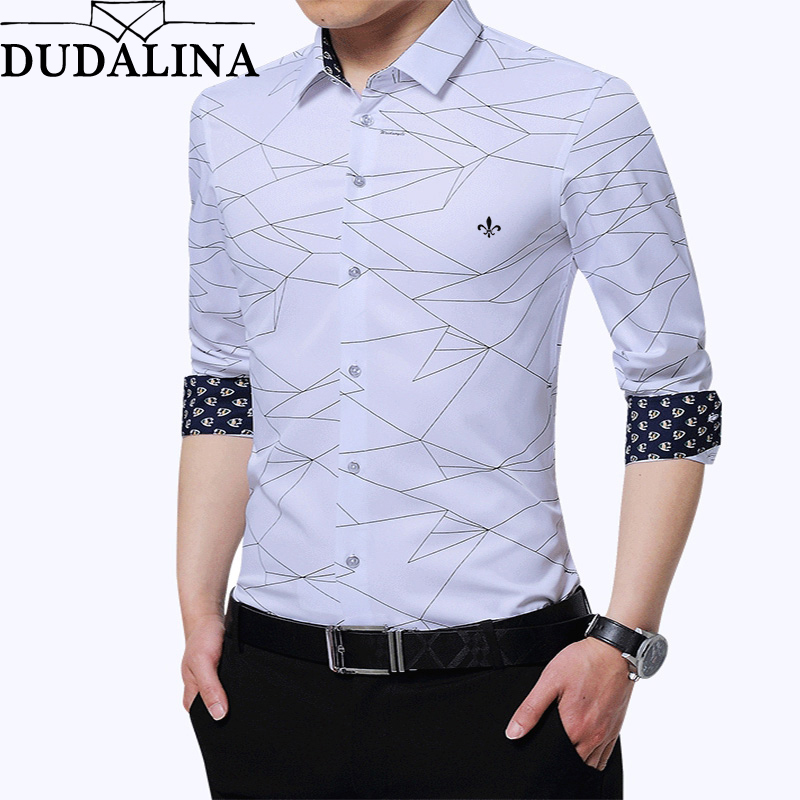 

Dudalina Shirt Male 2019 Long Sleeve Men Shirt No pocket Casual Embroidery Formal Business Man Slim Fit Designer Dress, 1726white