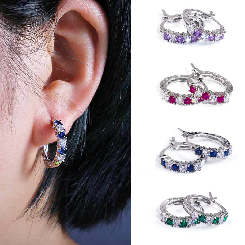 

Fashion Womens 925 Sterling Silver Circle Hoop Earring Luxury Sapphire Emerald Gemstone Earrings Jewelry Gifts E11024