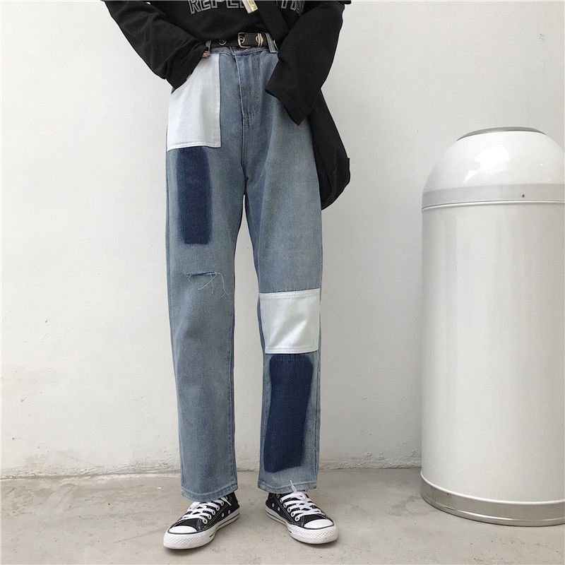 

High Waist Ripped Jeans Women Straight Casual Boyfriend Jeans New 2020 Korean Style Fashion Vintage Patchwork Denim Pants P448, Blue