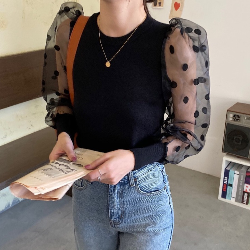 

EWQ] 2020 Spring New Sweet O-Neck Puff Sleeve Womens Tops And Blouses Korea Style Transparent Polka Dot Women Shirt QZ46301, Black