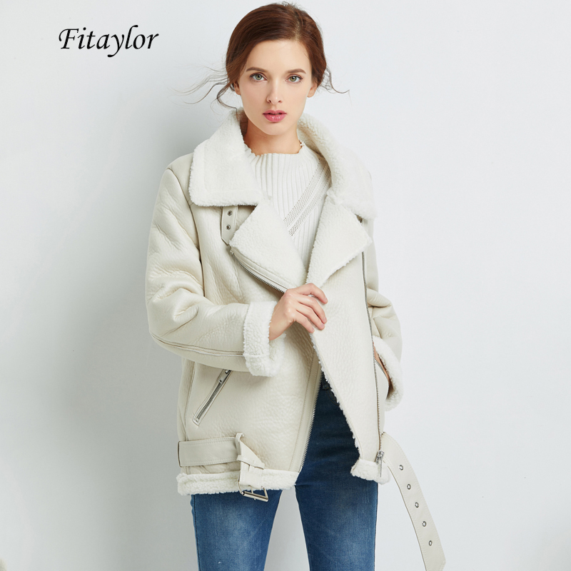 

Fitaylor Winter Faux Lamb Leather Jacket Women Faux Leather Lambs Wool Fur Collar Zipper Loose Coat Female Warm Thick Outerwear, Black