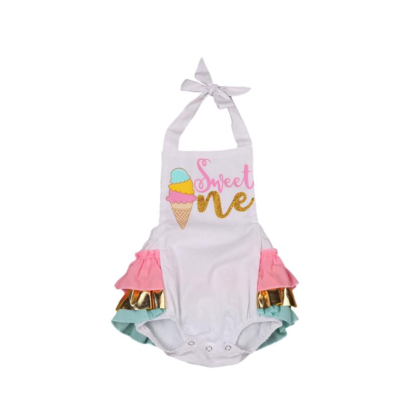 

Newborn Kids Baby Girls Boys Playsuits Sleeveless Belt Letter Print Backless Ruffles Jumpsuits 0-24M, As pic