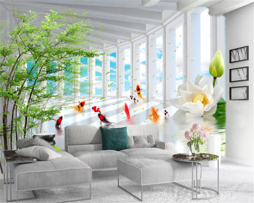 

3d Modern Wallpaper 3d Extended Space Promenade Charming Lotus Goldfish HD Indoor Living Room Bedroom Decoration Mural Wallpaper, As pic