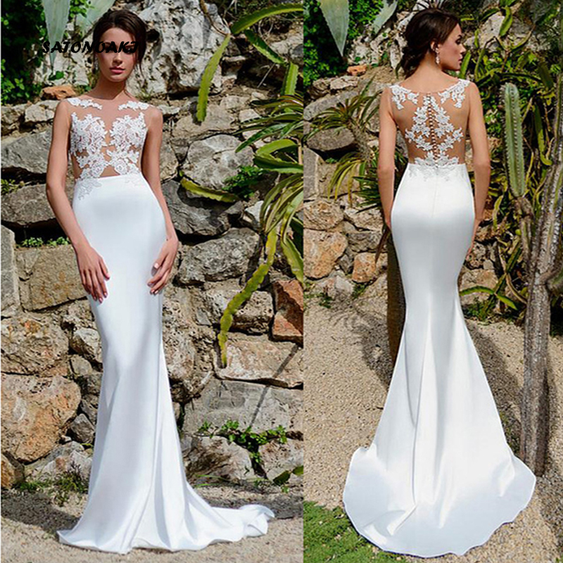 

SATONOAKI Mermaid Wedding Dress See Through 2020 Vestidos de novia Lace Sweetheart Neck Bridal Gown Backless Wedding Gowns, White