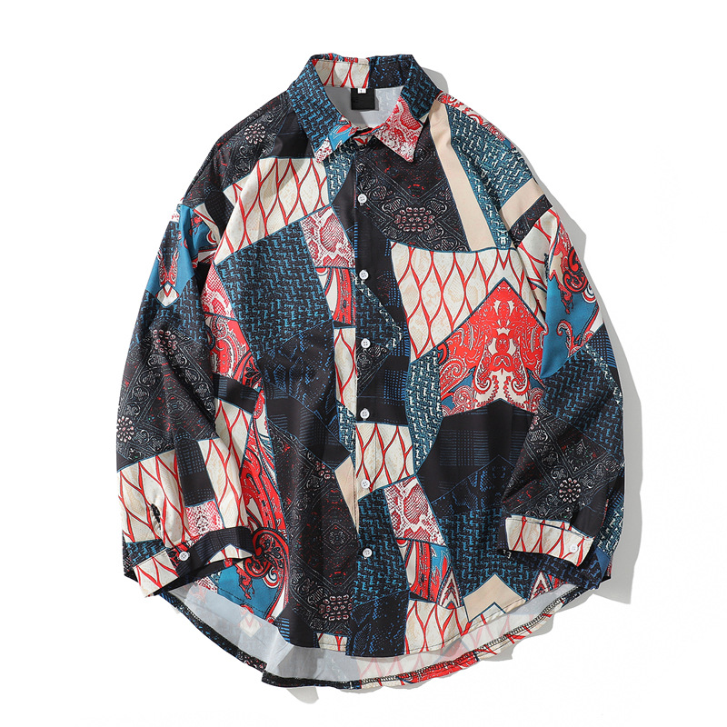 

Autumn Japanese Ukiyo Geometric Patchwork Long Sleeve Shirts 2019 Hip Hop Casual Streetwear Men Women Shirt, Nz44
