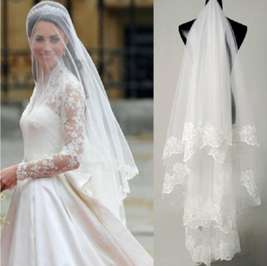 

Princess Kate Bridal Veils Cheap Lace Wedding Veil In Stock Free Shipping Wedding Accessories Bridal Veil Fingertip Length Custom Made mv3, White