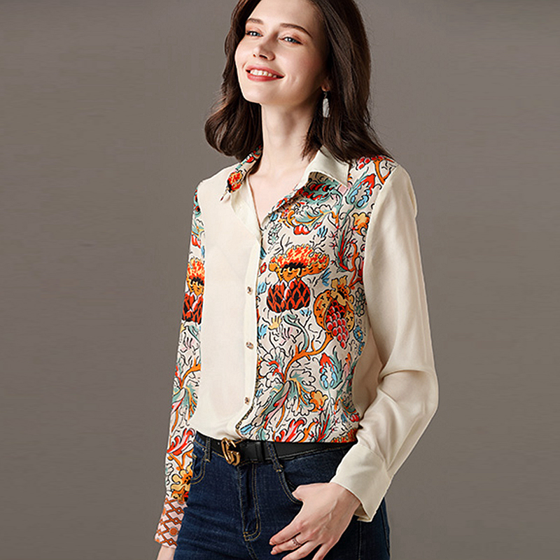 

100% Silk Blouse Women Shirt Asymmetrical Patchwork Flower Printed Design Turn-down Neck Long Sleeves Office Top New Fashion, As picture