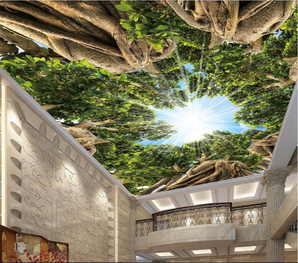 

3d ceiling murals wallpaper custom photo non-woven mural Primitive forest big tree sky light through the top of the tree top zenith painting, Green
