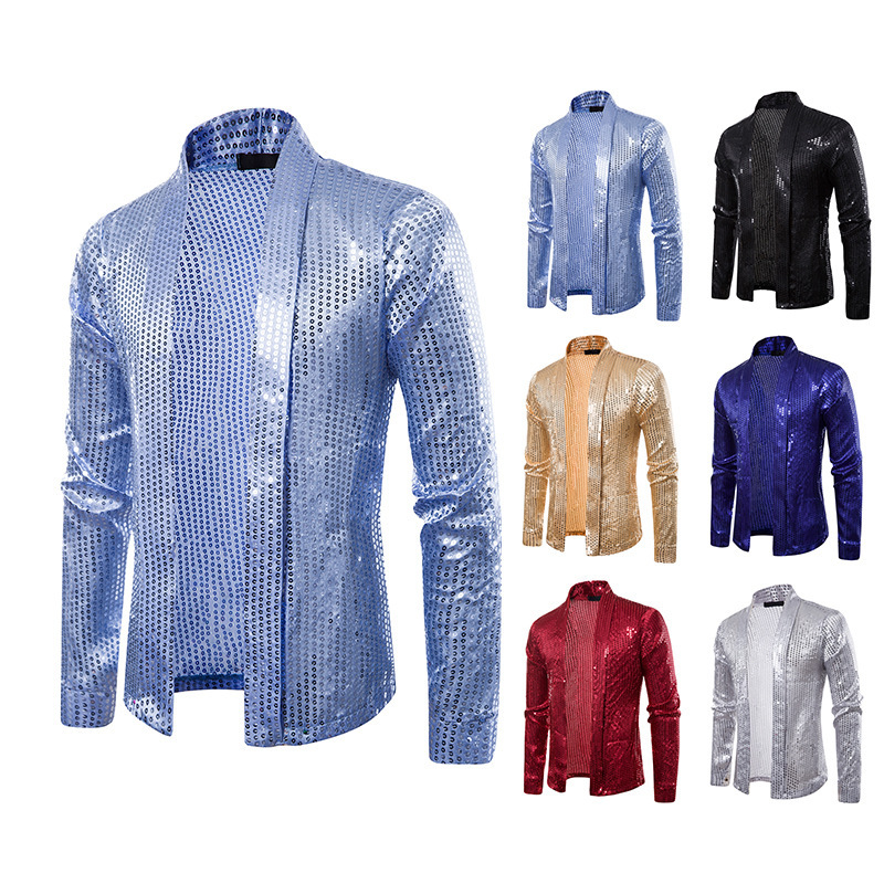 

Men' brand new casual fashion cardigan sequins personality nightclub coat European and American sizes XXL reflective jacket, Black