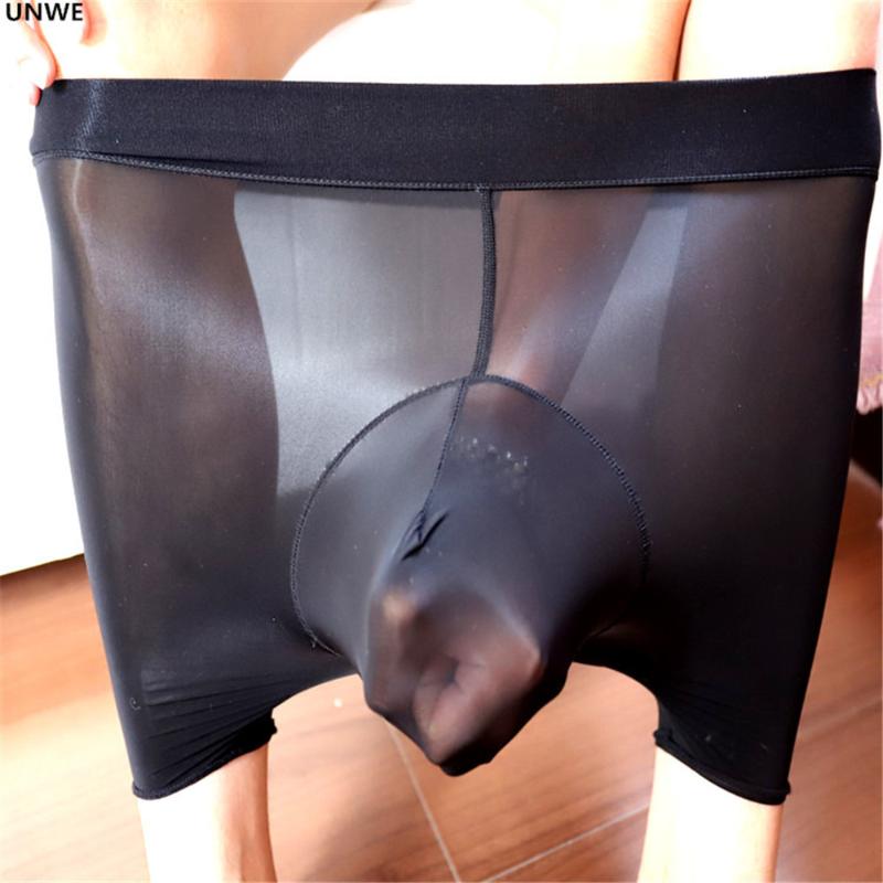 

UNWE Smooth Oil Silk Boxers Men Stockings Panties High Elasticity Sexy Underwear Men Gay Boxer Enhance Penis Pouch Tight-fitting, Black
