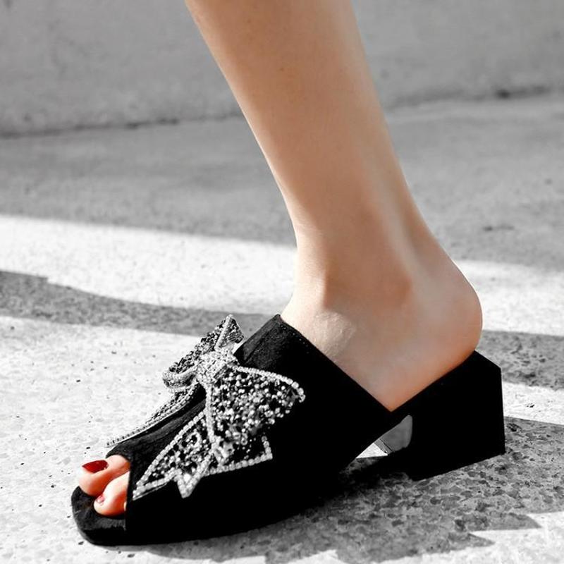 

US4-11 Womens Peep Toe Rhinestones Crystal Big Bowknot Block Chunky High Heel Slipper Slides Sandals Shoes 2Color Plus Size C448, Black