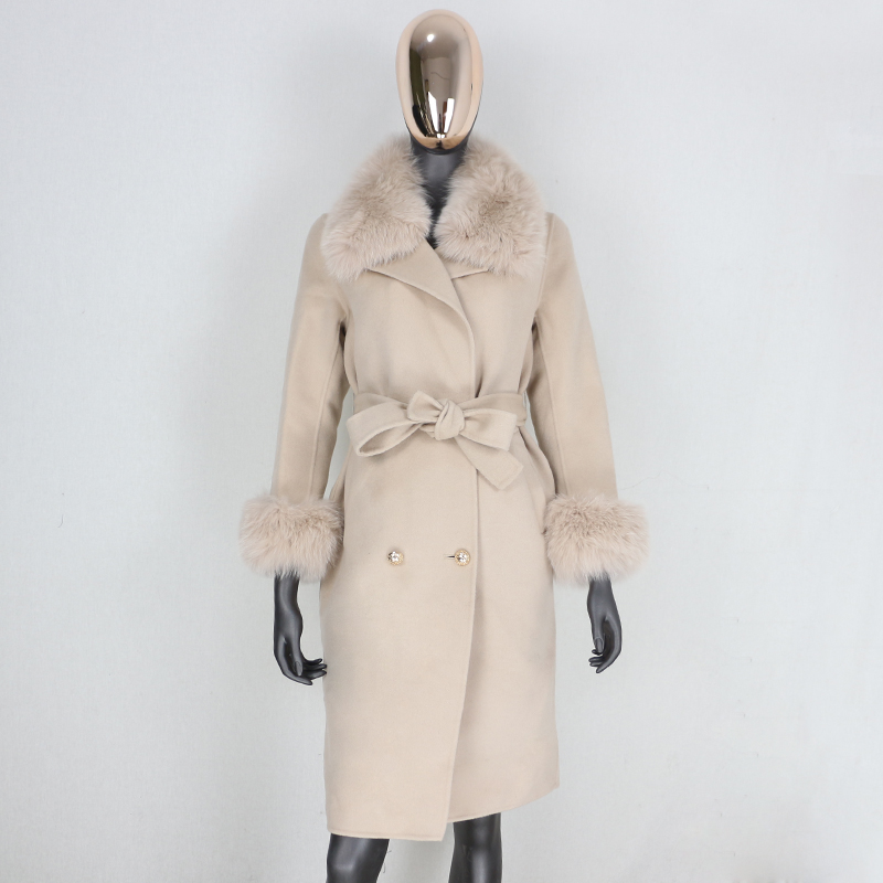 

CXFS 2020 Cashmere Wool Blends Real Fur Coat Double Breasted Winter Jacket Women Natural Fur Collar and Cuffs Streetwear, Beige