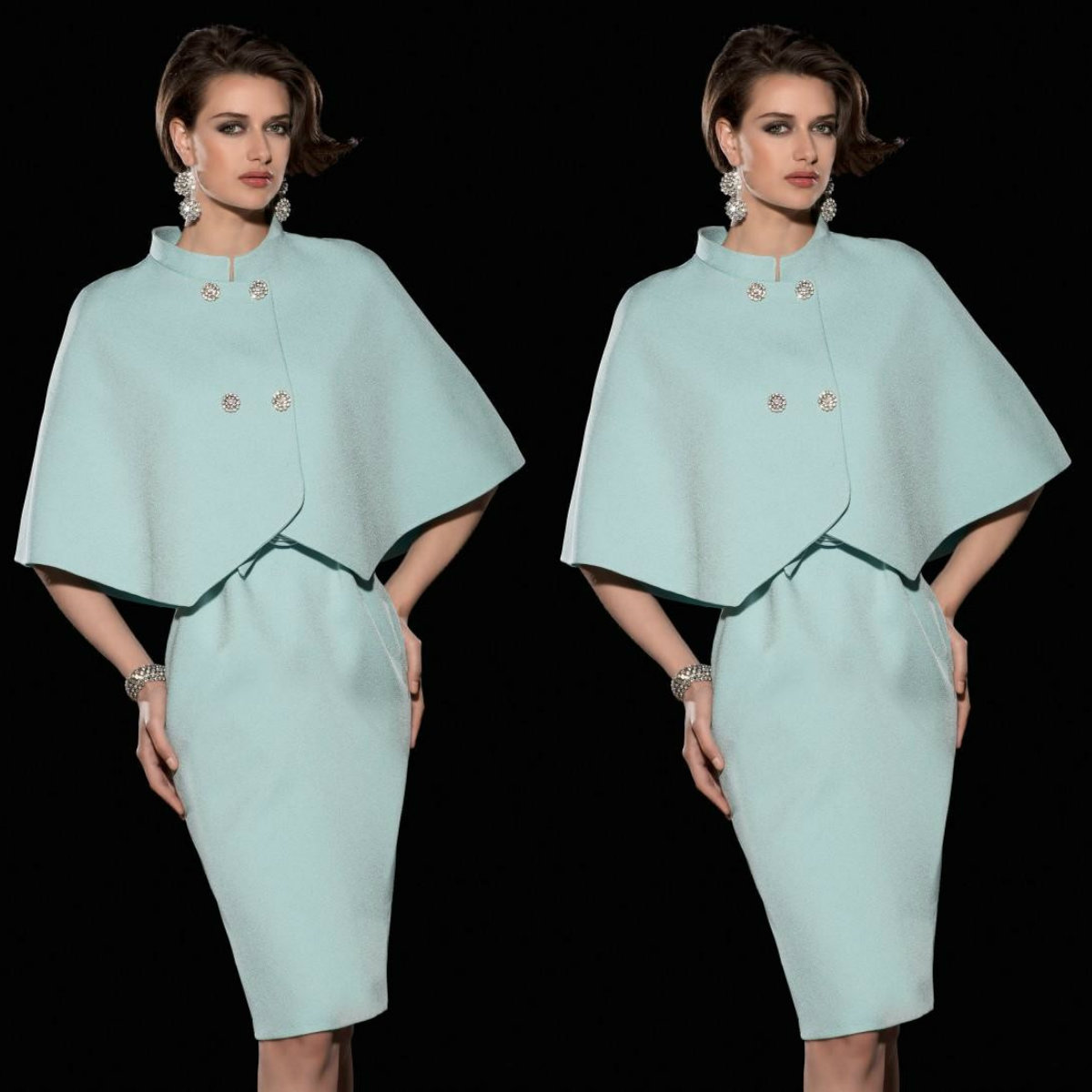

Elegant 2019 Mother Of The Bride Dresses With Cape Jewel Neck Half Sleeve Evening Gowns Knee Length Wedding Guest Dress