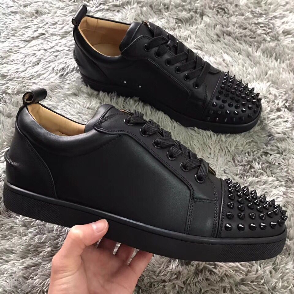 High Quality Junior White,Black Leather Spikes Red Bottom Sneakers Flat Rivets Red Sole Party Evening Dress Casual Walking With Box,Dust Bag