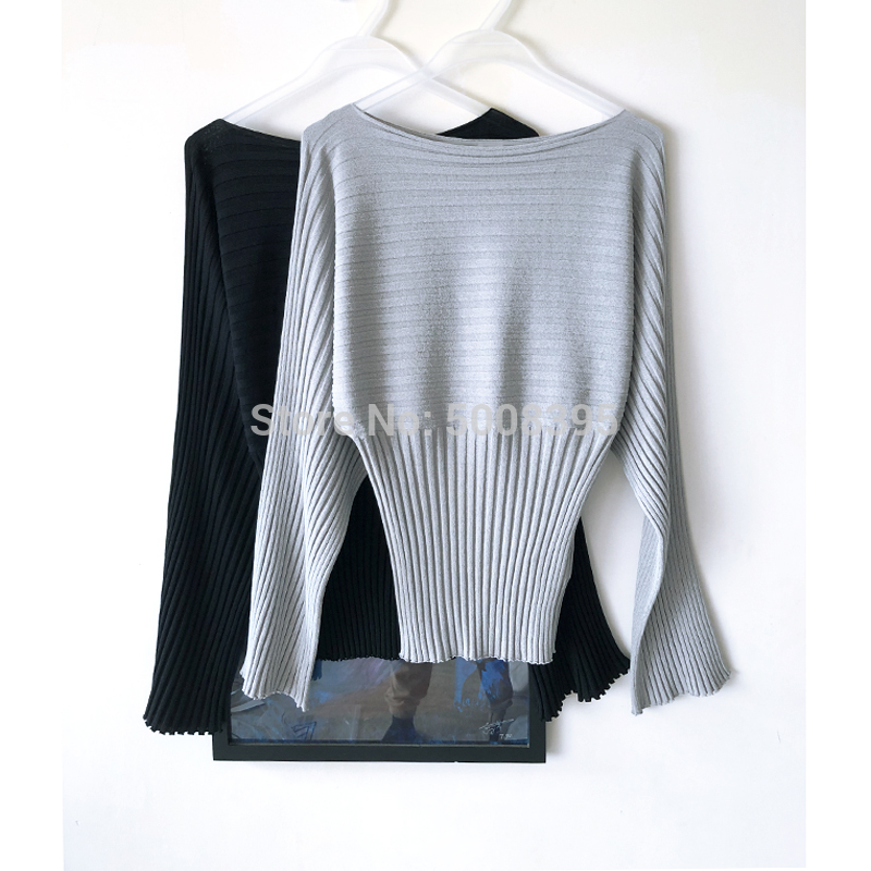

[ElfStyle] - Maristella rib-knitted top sweater black Grey Long Sleeves Boat neck WIDE SLEEVES FITTED WAIST FASHION JUMPER 2020