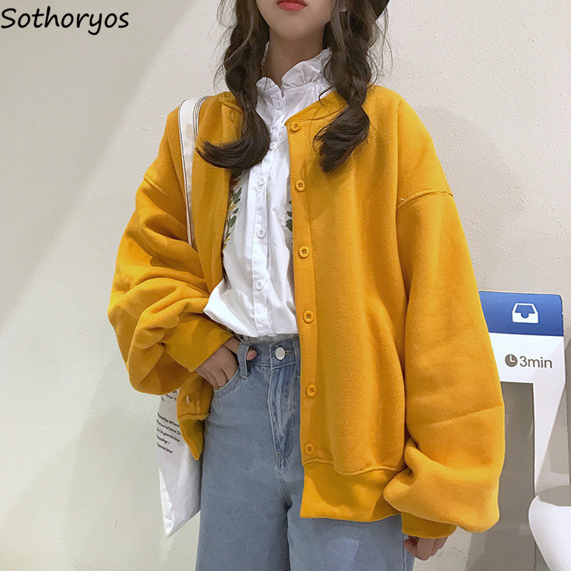 

Hoodies Women Solid Single Breasted Zip-up Simple O-Neck Loose Womens Thicker Puff Sleeved Korean Style All-match Kawaii Daily, Red