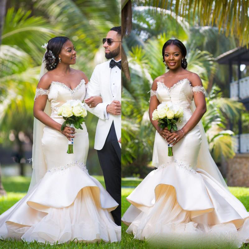 

African Wedding Dresses Plus Size Off the Shoulder Satin Organza Beaded Mermaid Bridal Gowns with Cascading Ruffles Vestidos De Novia, Pink