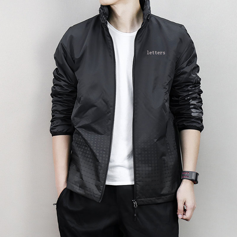 

Windbreaker Letter Print Removable Hat Polyester Sport Running Hiking Jacket Autumn Fashion Tide Mens Jackets Zipper Lapel Neck, Black
