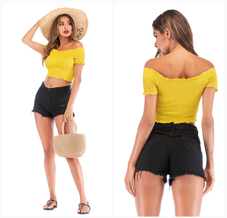 

Women Sexy T Shirts Women Designer Solid Color Fungus T-shirt Tops Womens Summer Sexy Short Slash Neck Navel Short Sleeve Shirts Hot Sale, Black