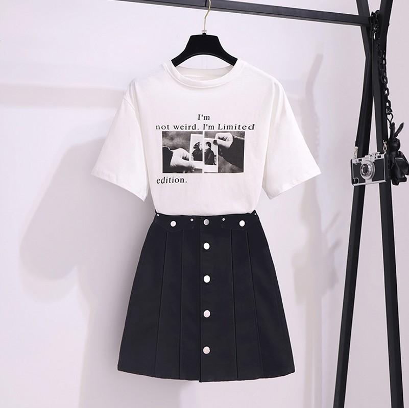 

Casual Two piece set Women O-neck Short Sleeve T Shirt + Black single-breasted Draped Skirt Suits Female 2020 Summer Outfits, Picture color