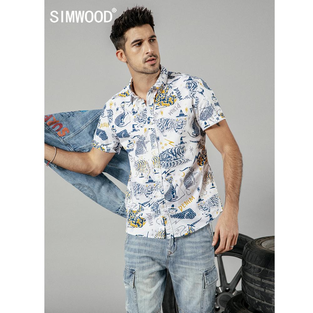 

SIMWOOD 2019 summer new cat print short sleeve shirts men 100% cotton fashion hawaii shirt plus size brand clothing 190264, Blue print
