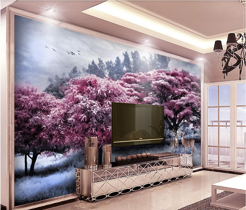 

3d wallpaper custom photo mural landscape Beautiful pink forest big tree elk landscape background wall murals wallpaper for walls 3 d, Light yellow