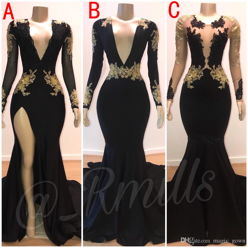 

Black Gold Applique Mermaid Prom Dresses Deep V Neck Backless Long Sleeves Formal Dresses Evening Gowns vestidos de fiesta robes de bal