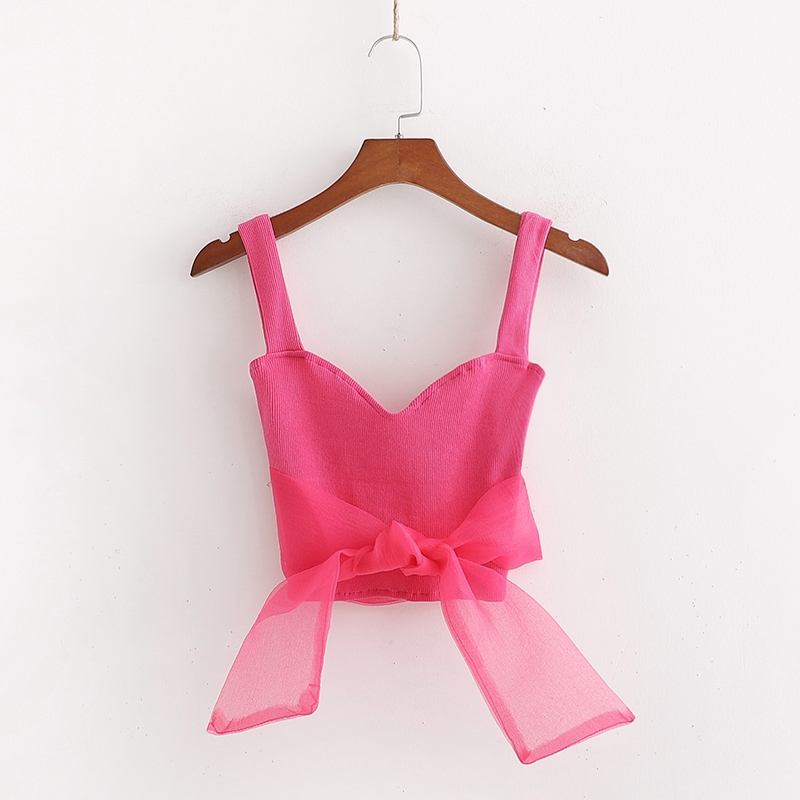 

Design Knit Camis Shirts Women Summer Bow Knot Organza Patchwork V neck Crop Top Tank Top Solid Casual Vest Shirts, Pink