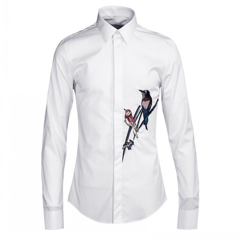 

New Mens Birds Embroidery Office Work Formal Shirt White Black Plus Size Wedding Dress Shirts Man Spring Cotton Long Sleeve Top