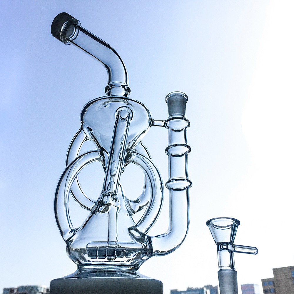 

11 Inch Unique Hookahs Recycler Glass Bong Inline Perc Bongs Klein Oil Dab Rig Vortex Bent Neck Water Pipe Smoking Rigs 14.5mm Female With Bowl DGC1236