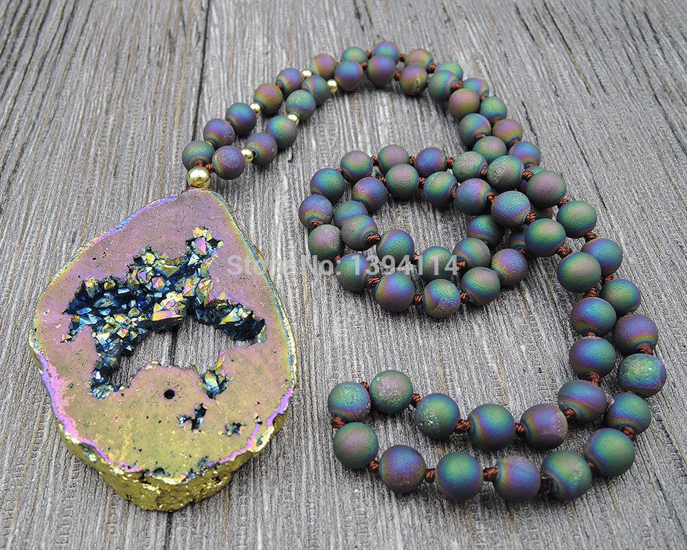 

Pendant Necklaces Titanium Rainbow Crystal Geode & 8mm Agat Round Beads Knot Handmade Necklace 30inch Or 40inch