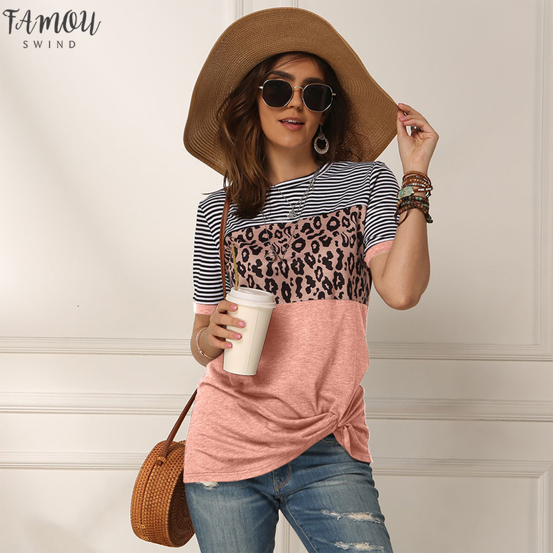 

Fashion Women Casual Short Sleeve Summer T Shirt Leopard Stripes Stitching T Shirt Top Tees Femme Ladies Tshirt V Neck Clothes Soft, Brown