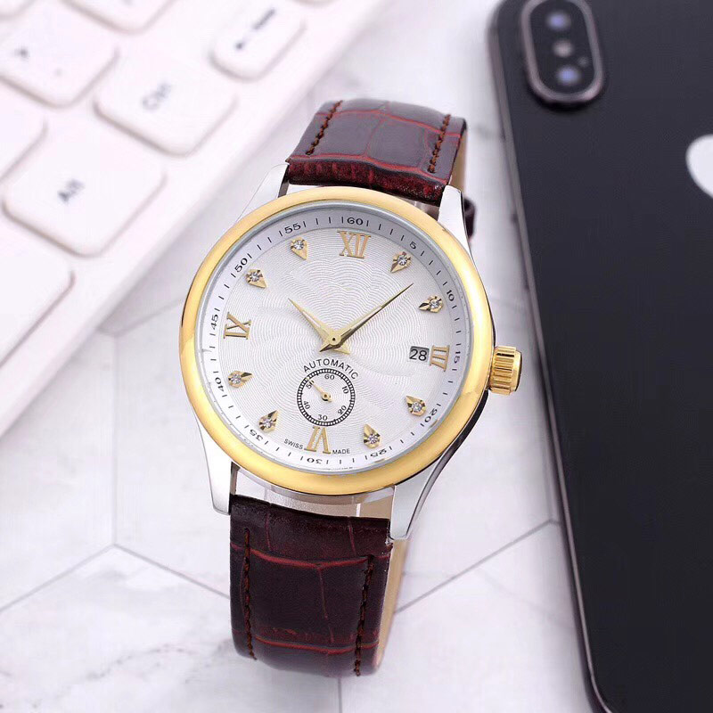 

Fashion style luxury mens wristwatches mechanical automatic Watches Leather strap small dial works 38mm diamond dial Watch for men Father's Day Gift